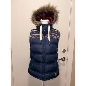 Tokyo Laundry Women's Puffer Vest Navy Blue Fair Isle Knit Fur Hood Size Small